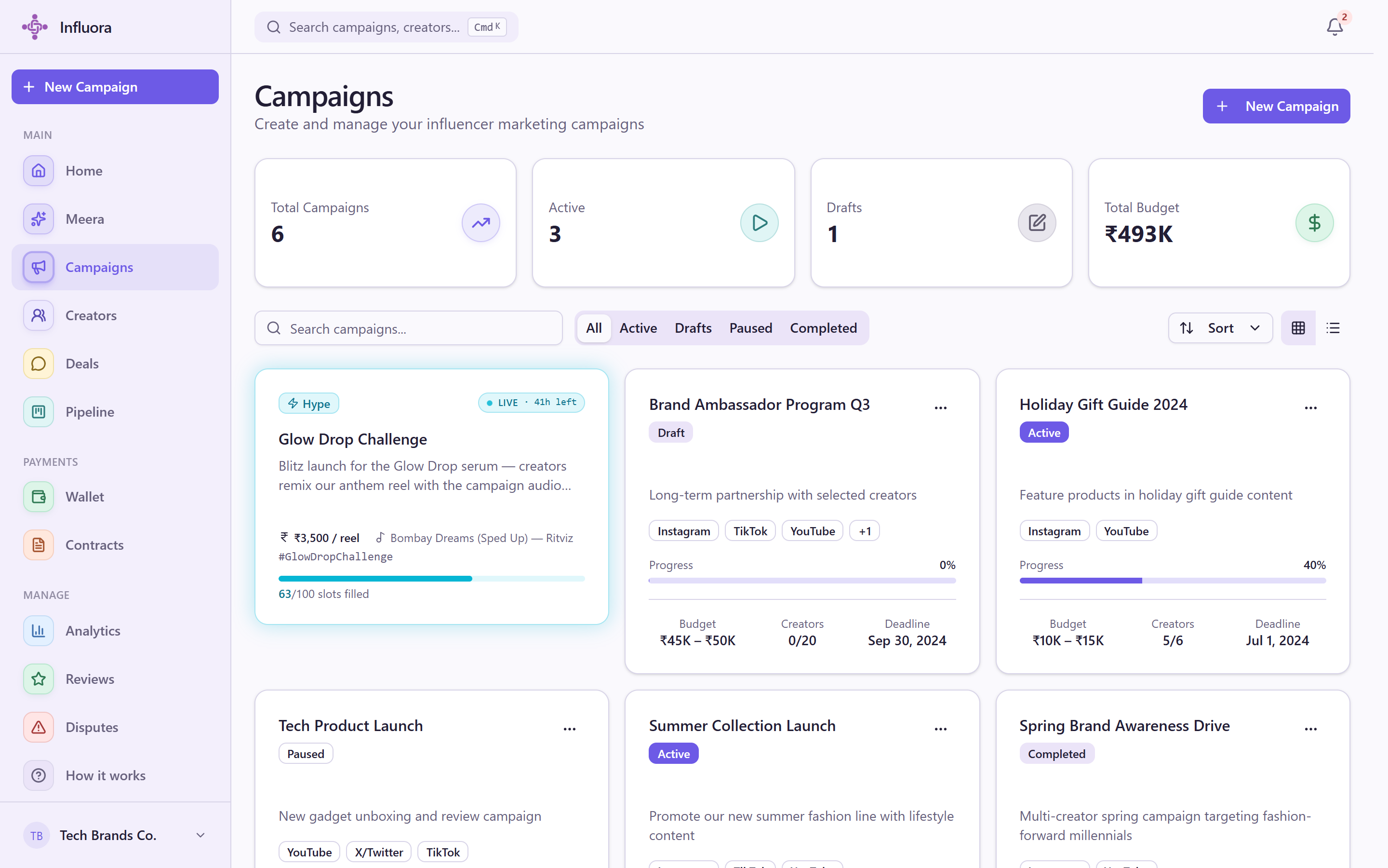 The Influora campaigns list, where a Hype Campaign's slots and payouts are tracked.