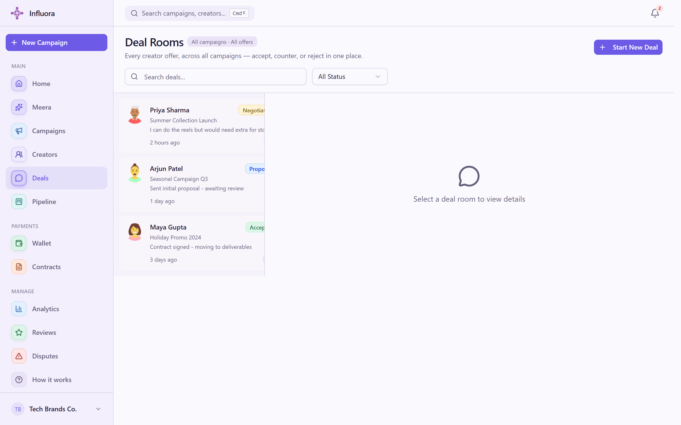 The Influora Deal Room listing active deals and their current stage.