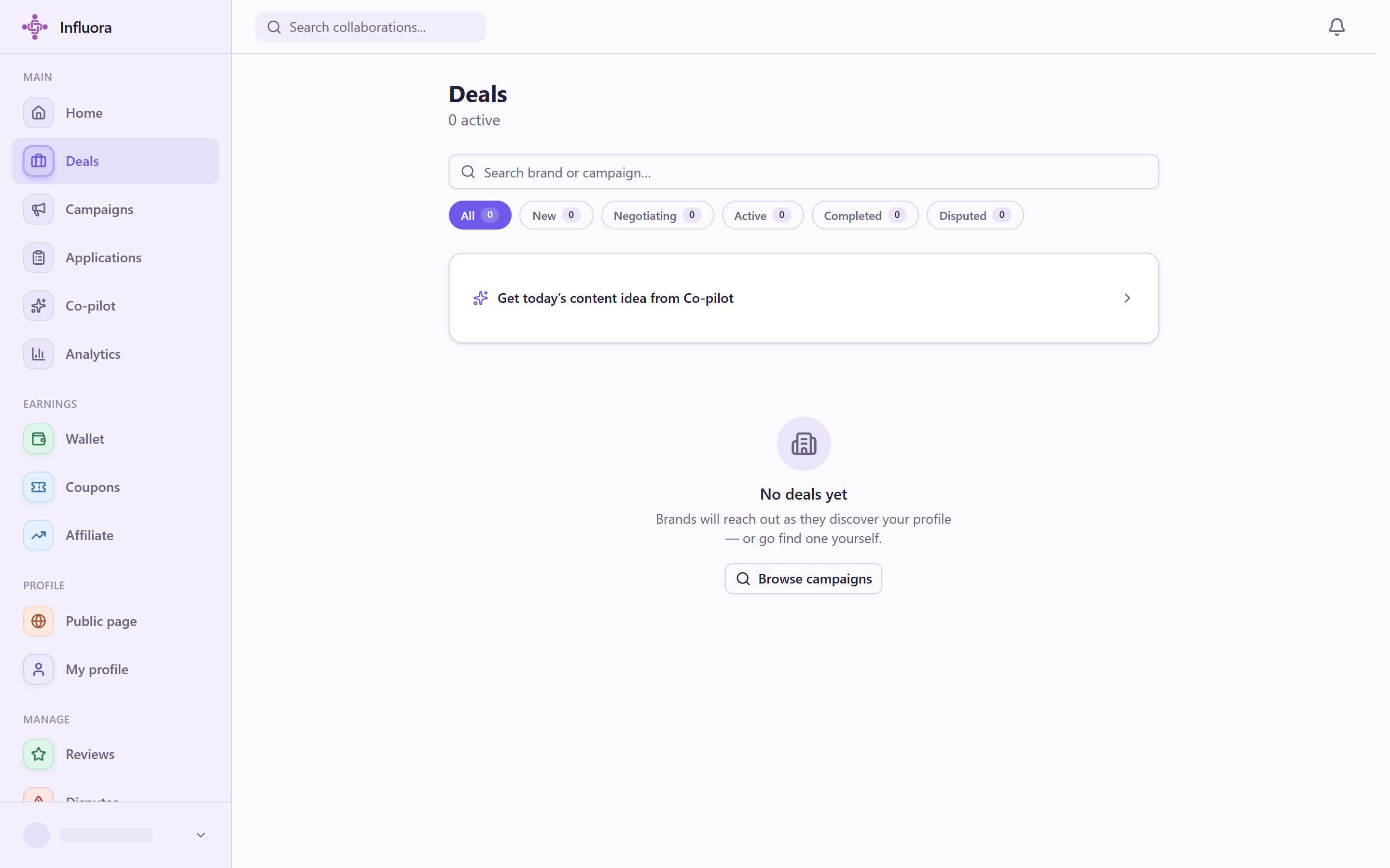 A creator's Influora deals list, showing each deal and its payout status.